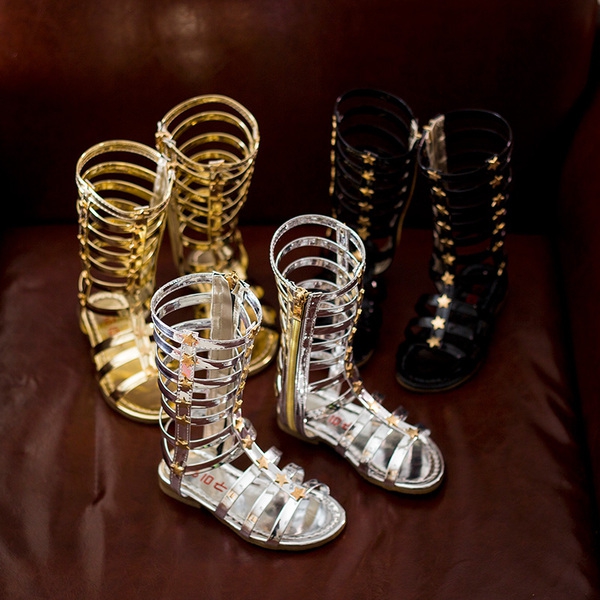 Παιδικά σανδάλια το καλοκαίρι - Μπότες μακρύ - τρία χρώματα για τα κορίτσια - μαύρο, χρυσό, ασημί δερματίνη