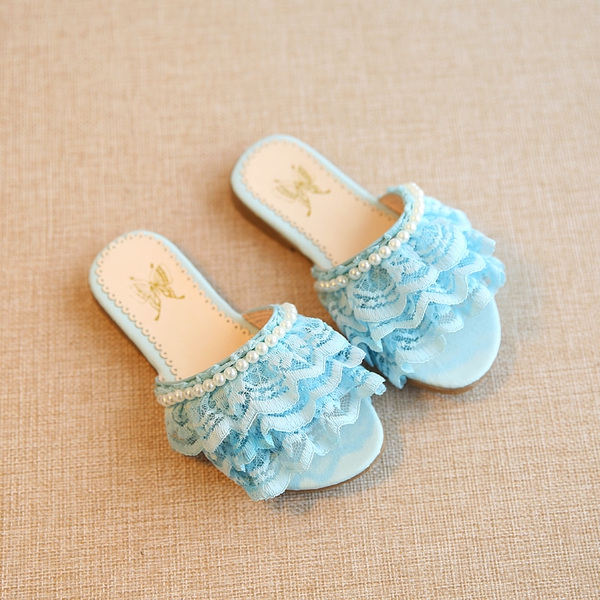 Παιδική καλοκαίρι παντόφλες δαντέλα σε λευκό, ροζ και μπλε