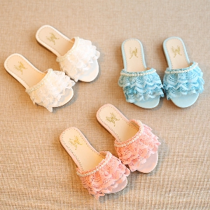 Детски летни дантелени чехли в бял, розов и син цвят
