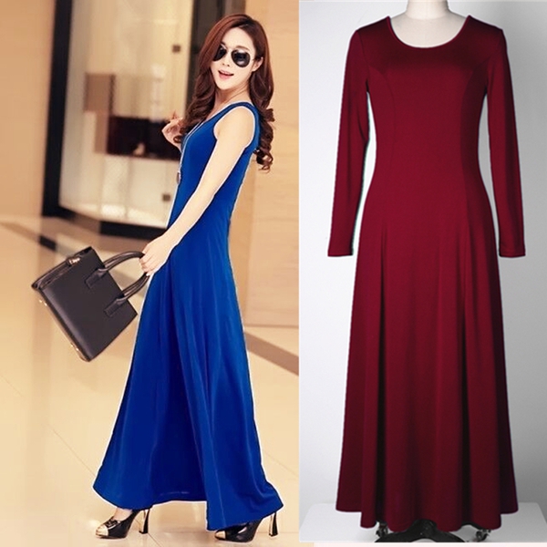 Κυρίες καλοκαίρι, ευρεία και μακρά βραδινά και casual φορέματα - αμάνικα, μικρό ή μακριά μανίκια - μπλε, μαύρο, κόκκινο κρασί, γ