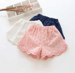 Детски дантелени къси панталони за момичета - три цвята - розови, тъмносини,  бели