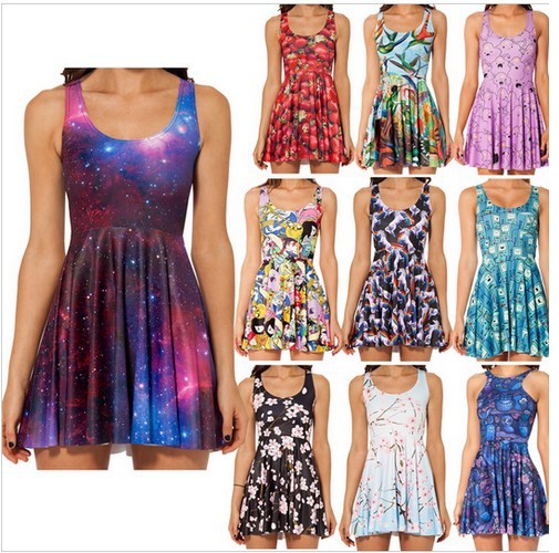 Дамски летни къси цветни рокли с различни мотиви - лилави, черни, червени, ягодки, 3D модели