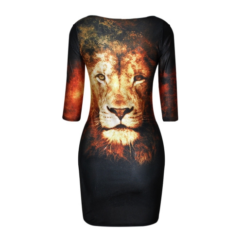 Дамски вечерни рокли в няколко цветни модела, вталени - 3D - леопард, дъга, лъв, мотиви с цветя