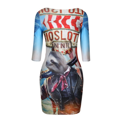 Дамски вечерни рокли в няколко цветни модела, вталени - 3D - леопард, дъга, лъв, мотиви с цветя