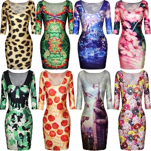 Дамски вечерни рокли в няколко цветни модела, вталени - 3D - леопард, дъга, лъв, мотиви с цветя