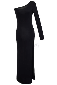 Дамска дълга памучна черна рокля с един ръкав и с цепка
