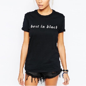 Дамски памучни летни черни тениски с къс ръкав - черни и анимирани