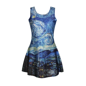 Дамска лятна рокля - Ван Гог - 3D Звездна нощ - уникална, модерна, къса и вечерна