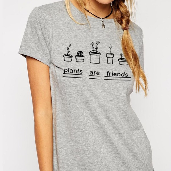 Дамски тениски с къс ръкав за горещото лятно ежедневие - черни, бели, сиви с анимиран принт - plants are friends