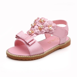 Детски сандали с перлени цветя за момичета - три летни модела - розов, сребрист и кафяв цвят