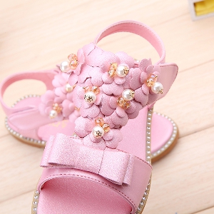 Детски сандали с перлени цветя за момичета - три летни модела - розов, сребрист и кафяв цвят