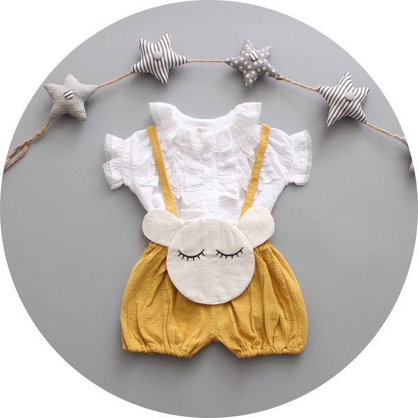 Бебешки летен комплект гащеризон и бяла дантелена блуза за момичета