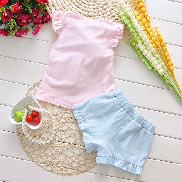 Бебешки комплект розова тениска и къси сини панталони