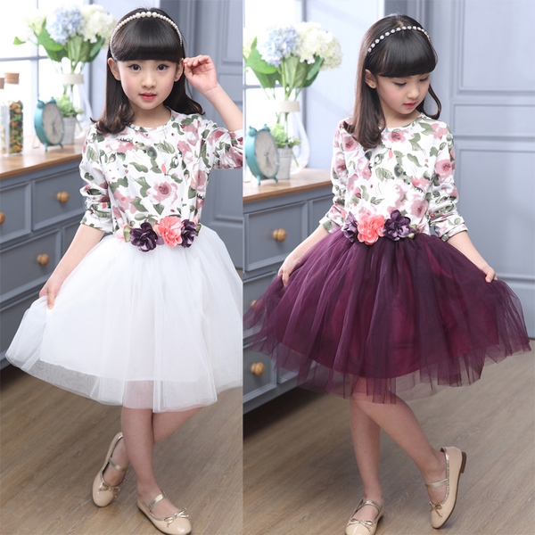 Детски рокли за момичета с флорални мотива два цвята ,два модела-с къси и дълги ръкави.