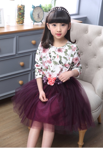 Детски рокли за момичета с флорални мотива два цвята ,два модела-с къси и дълги ръкави.