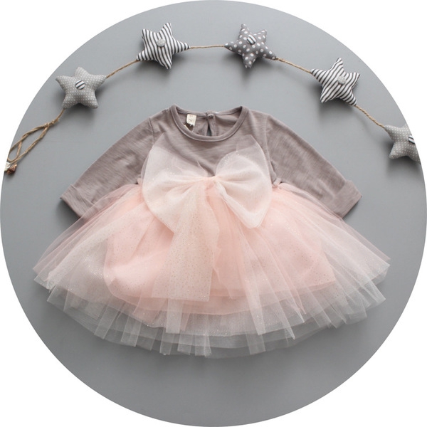 Бебешка рокля с дълъг ръкав от памук и шифон с панделка