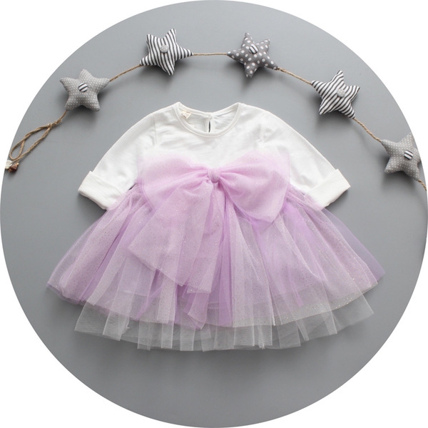 Бебешка рокля с дълъг ръкав от памук и шифон с панделка