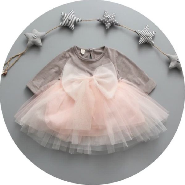 Бебешка рокля с дълъг ръкав от памук и шифон с панделка