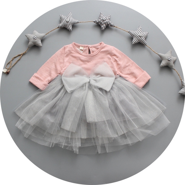 Бебешка рокля с дълъг ръкав от памук и шифон с панделка