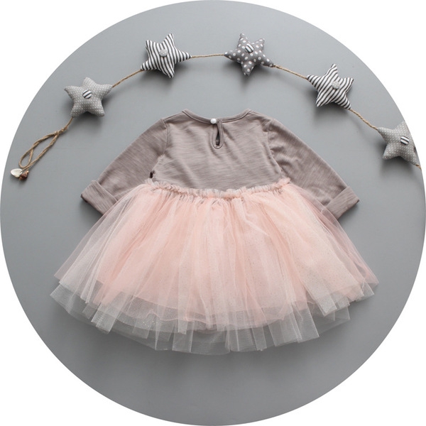 Бебешка рокля с дълъг ръкав от памук и шифон с панделка