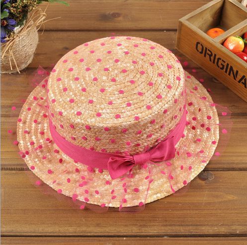 Плажни шапки за деца и момичета - широка козирка - 4 модела с точки - кафяви, розови с дантелка