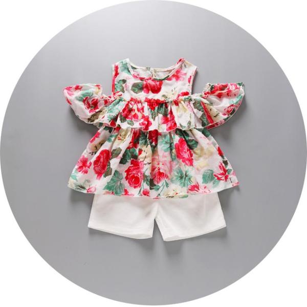 Бебешки комплект от шифонена блуза с къс ръкав и памучен къс панталон
