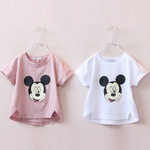 Детска памучна тениска с Мики Маус в бял и розов цвят за момичета.
