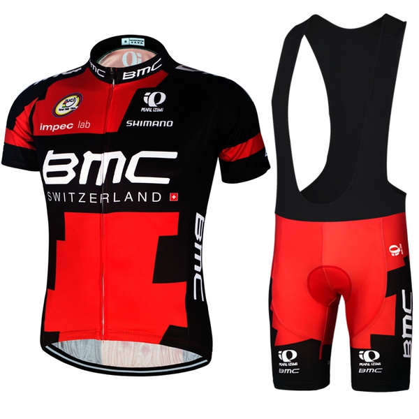 Мъжки спортни екипи за колоездене BMC - червено-черен цял модел с презрамки