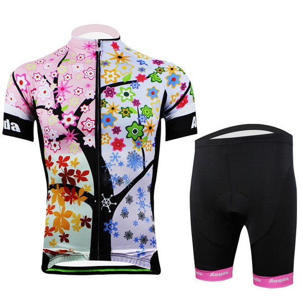 Дамски спортен цветен екип за колоездене къс ръкав и къси панталони