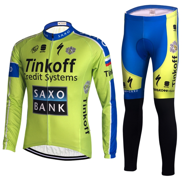Мъжки спортен екип за колоездене с дълги ръкави - зелен цвят - Tinkoff Saxo