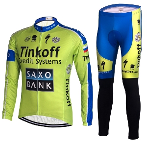 Мъжки спортен екип за колоездене с дълги ръкави - зелен цвят - Tinkoff Saxo