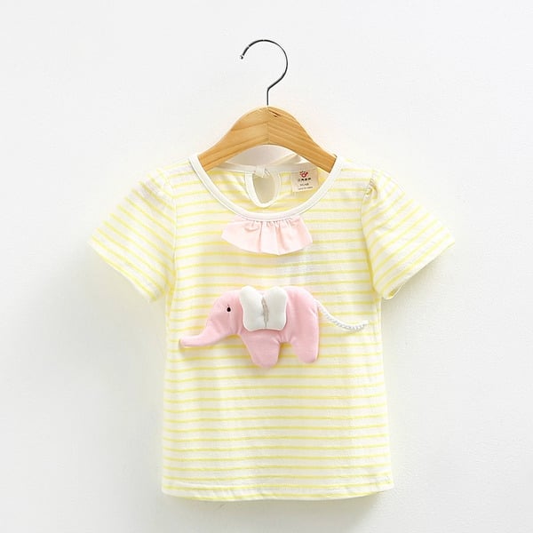 Розова и жълта раирана  тениска за момичета с слонче.