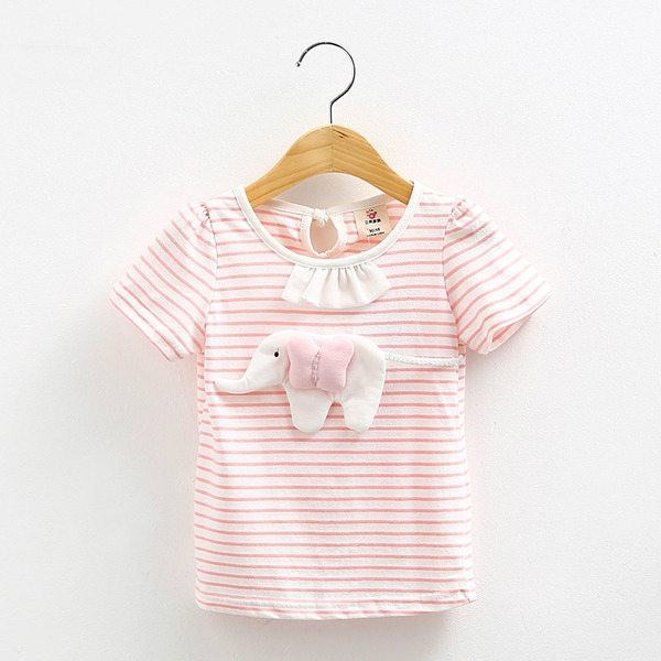 Розова и жълта раирана  тениска за момичета с слонче.