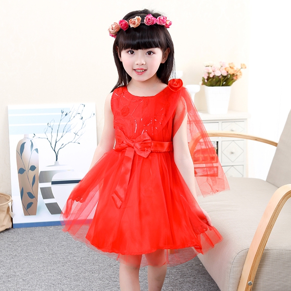 Детски шифонени рокли с панделка за момичета в розов,червен и лилав цвят 