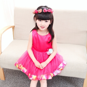 Детски шифонени рокли за момичета с цвете в розов,цикламен,червен и лилав цвят
