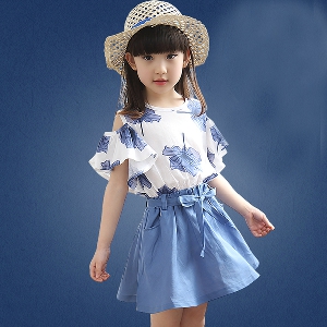 Детски комплект от пола и блуза за момичета в син и бял цвят - 1 модел