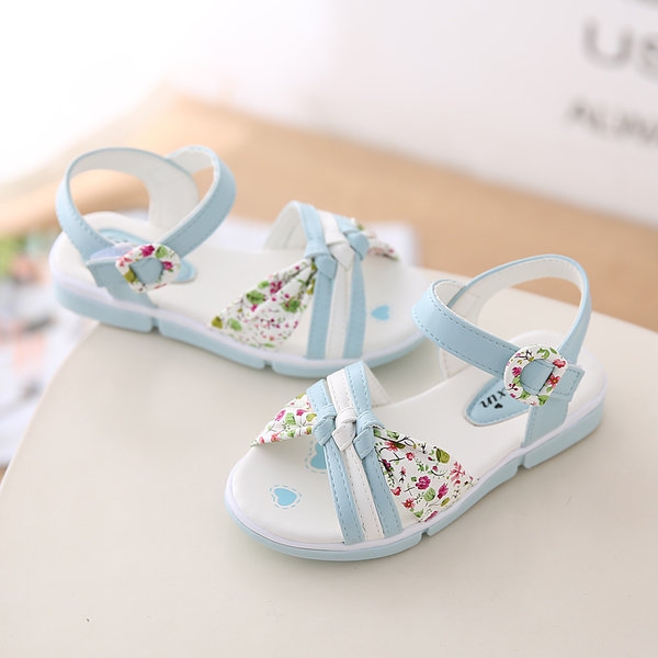 Детски сандали за момичета с цветя - син и розов цвят