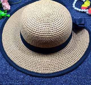 Детска сламена шапка с панделка за момичета и подходящи за плаж - жълти, сини, оранжеви, лилави