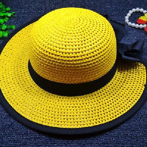 Детска сламена шапка с панделка за момичета и подходящи за плаж - жълти, сини, оранжеви, лилави