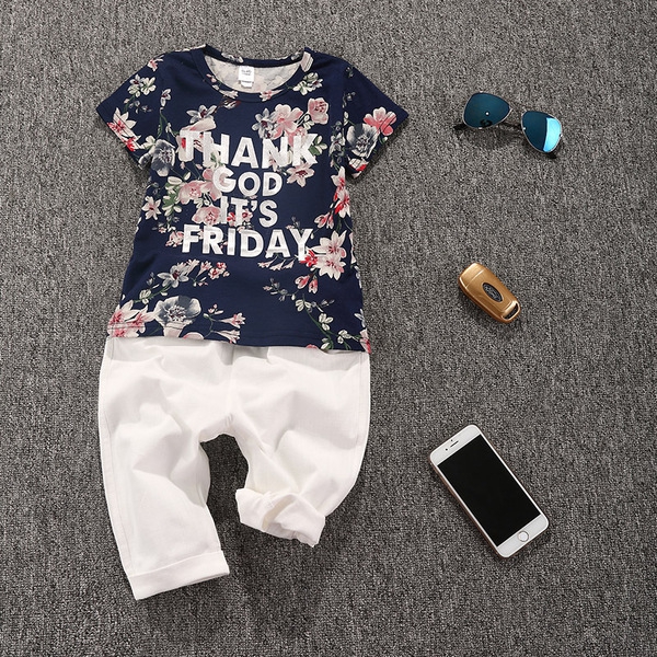 Παιδικό σετ για  αγόρια- Λευκά παντελόνια και μπλούζα με floral μοτίβα.