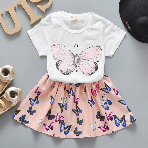 Детски комплект с пеперуди пола и блуза с къс ръкав