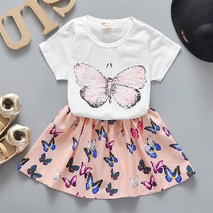 Детски комплект с пеперуди пола и блуза с къс ръкав
