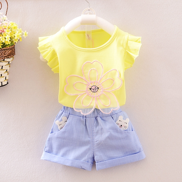 Детски комплект за момичета подходящ за лятото с цвете и панделка - 8 модела в различни цветове