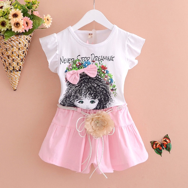 Детски комплект за момичета подходящ за лятото с цвете и панделка - 8 модела в различни цветове