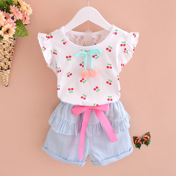 Детски комплект за момичета подходящ за лятото с цвете и панделка - 8 модела в различни цветове