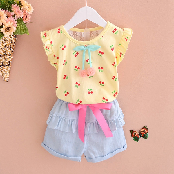 Детски комплект за момичета подходящ за лятото с цвете и панделка - 8 модела в различни цветове