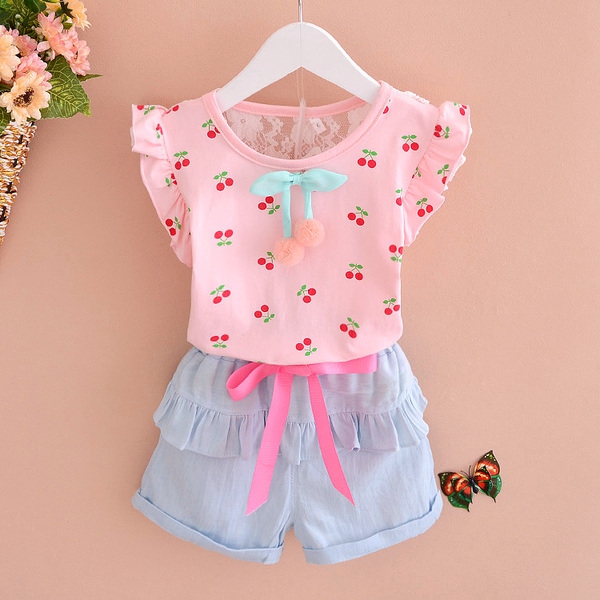 Детски комплект за момичета подходящ за лятото с цвете и панделка - 8 модела в различни цветове