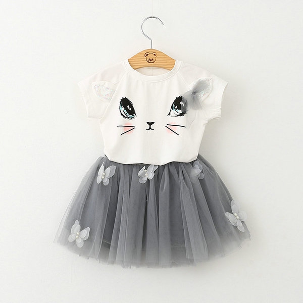 Детски комплект за момичета от 2 части - сива пола и бяла тениска с коте