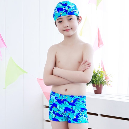 Детски бански и плувна шапка за момчета - син цвят 
