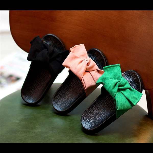 Детски летни чехли за момичета с панделка - зелен, черен и розов модел